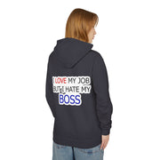 Person wearing a black hoodie with text on the back, standing against a white background