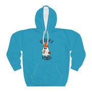 blue hoodie with a ghost graphic and text on a white background