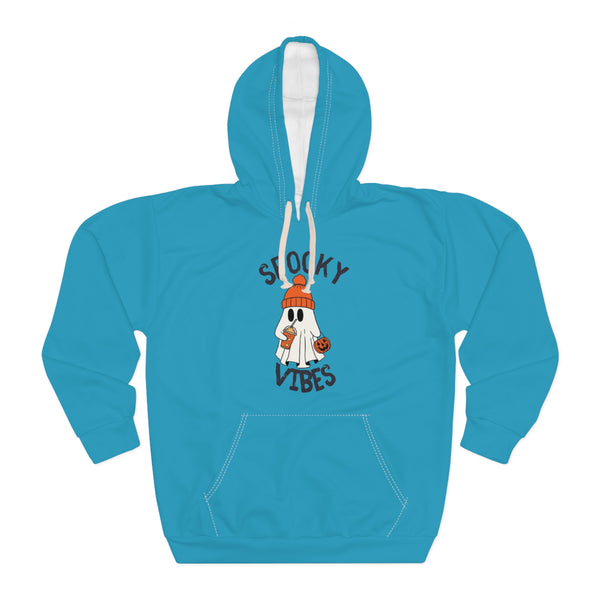 blue hoodie with a ghost graphic and text on a white background