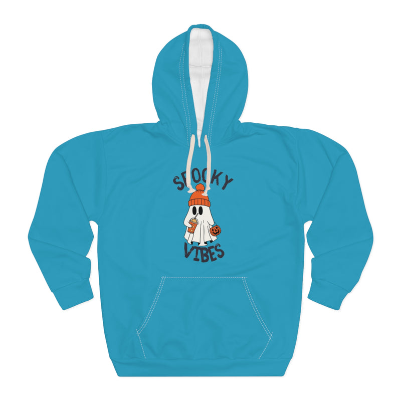 blue hoodie with a ghost graphic and text on a white background