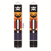 Halloween-themed decorative banner with pumpkins and skull designs on a white background.