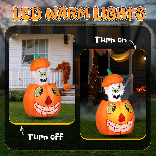 Halloween inflatable pumpkin with LED warm lights on a lawn.