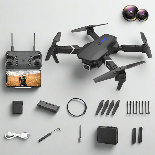 Black drone with remote control, battery, and accessories on a white background