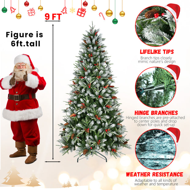 9-foot Christmas tree with Santa Claus figure and product features highlighted
