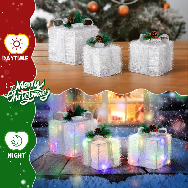 Set of 3 White Christmas Gift Boxes with Elegant Lighting for Holiday Decor