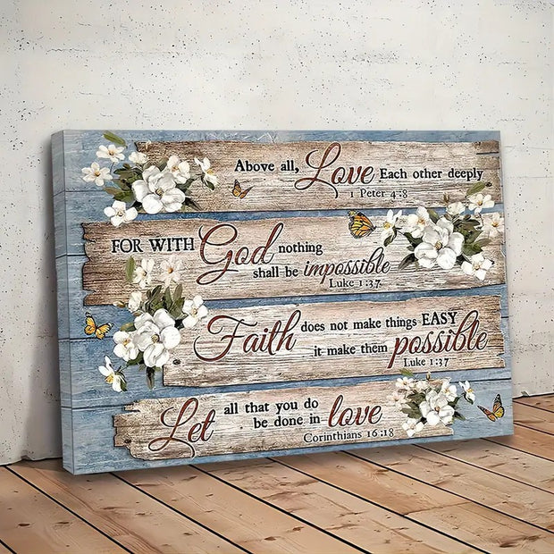 Decorative wall art with inspirational quotes and floral designs on a wooden panel.