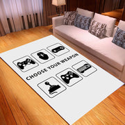 White rug with gaming controller designs and 'Choose Your Weapon' text in a living room.