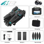 DJI Mavic Pro drone with accessories including remote control, storage bag, batteries, and spare fan blade on a white background.