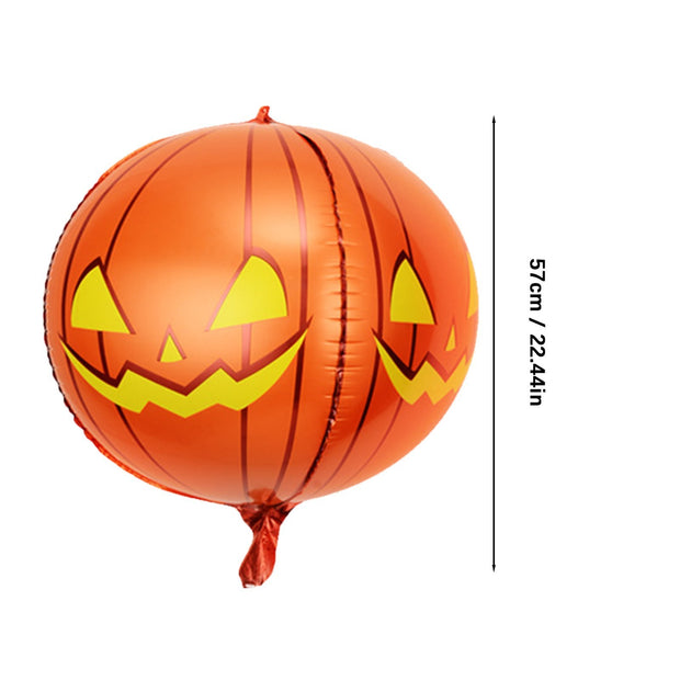 Halloween-themed balloon with jack-o'-lantern design and measurement details on a white background