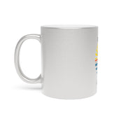 White mug with colorful design on a white background