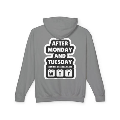 Gray hoodie with humorous text design on the back