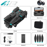 MP drone with accessories including remote control, storage bag, accessories, battery, and spare fan blade on a white background.