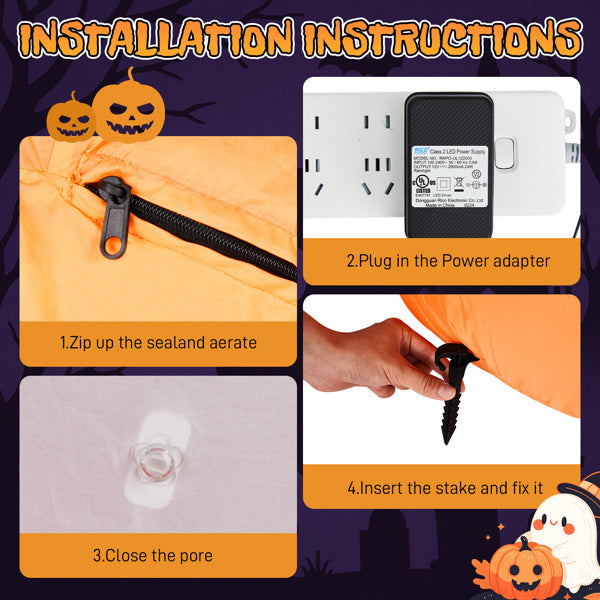 Halloween-themed installation instructions for a product with pumpkins and a purple background.