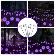 Glowing purple lights on sticks in a dark forest setting with a close-up of the lights.