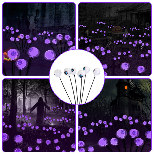 Glowing purple lights on sticks in a dark forest setting with a close-up of the lights.