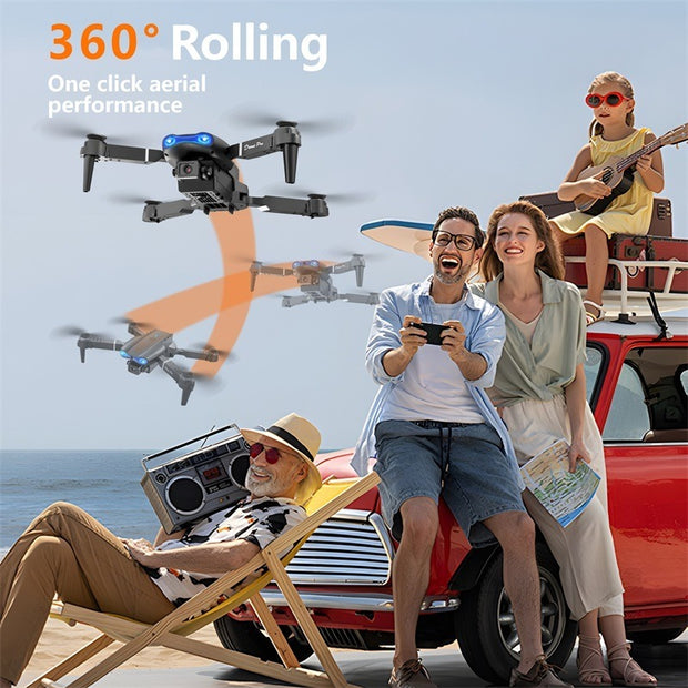 Drone flying over a scenic background with people enjoying a day at the beach.