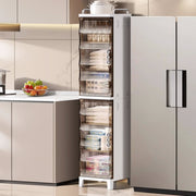 Tall white storage cabinet with multiple shelves in a kitchen setting