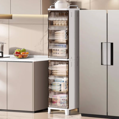 Tall white storage cabinet with multiple shelves in a kitchen setting
