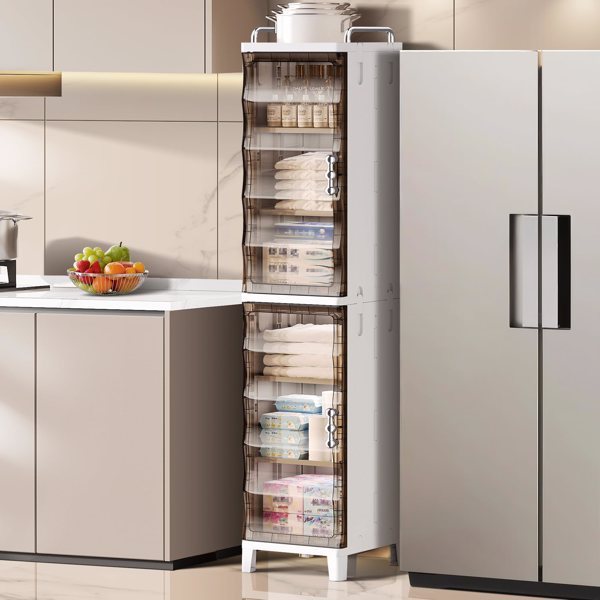 Tall white storage cabinet with multiple shelves in a kitchen setting
