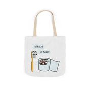 White tote bag with cartoon toothbrush and toilet paper design on a white background