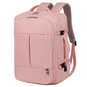 Pink backpack with multiple zippers on a white background