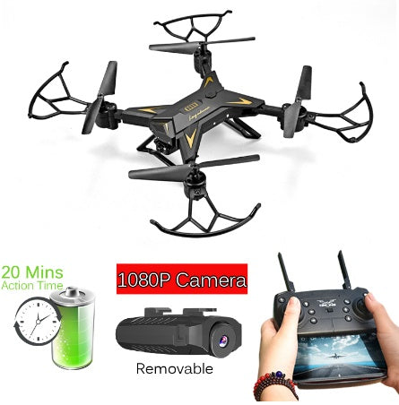 Black drone with 1080P camera, battery icon, and controller on a white background
