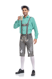 Man in traditional Bavarian outfit holding a beer mug on a white background