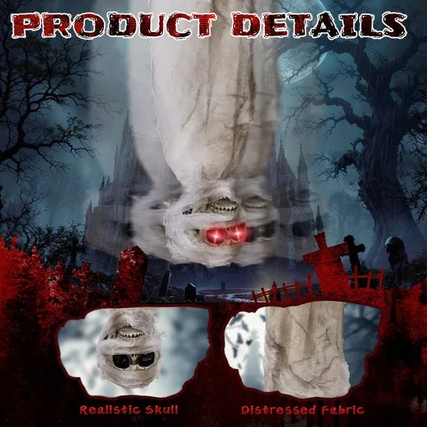 Product details of a skull with glowing eyes against a Halloween-themed background.