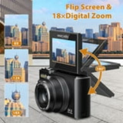 Camera with flip screen and digital zoom feature, cityscape background