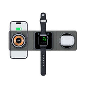 Multi-device wireless charging station with smartphone, smartwatch, and airpods on a white background