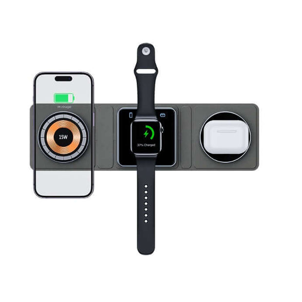 Multi-device wireless charging station with smartphone, smartwatch, and airpods on a white background