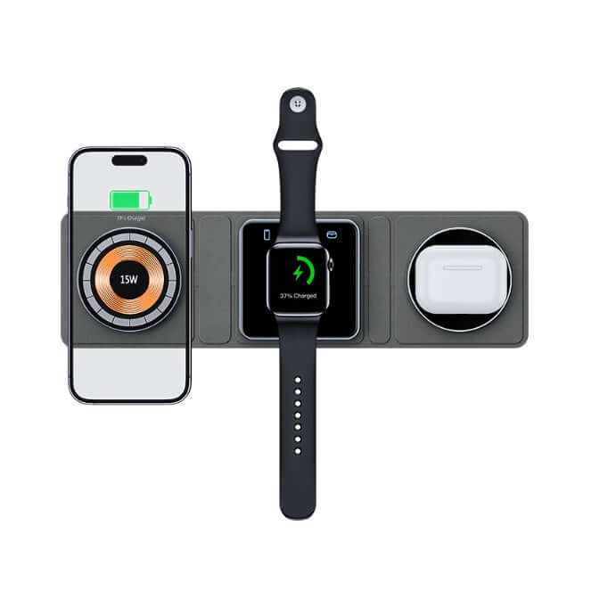 Multi-device wireless charging station with smartphone, smartwatch, and airpods on a white background