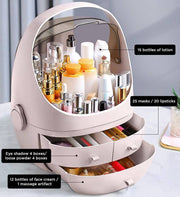 Cosmetic organizer with various skincare and makeup products on a light background