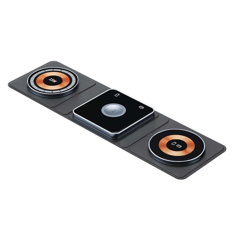 Wireless charging pad with two circular charging pads and a smartphone on a white background