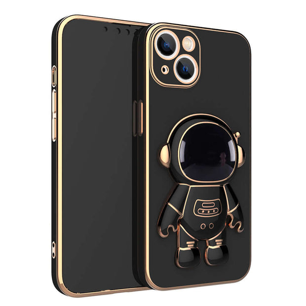 Black phone case with a robot design on a white background