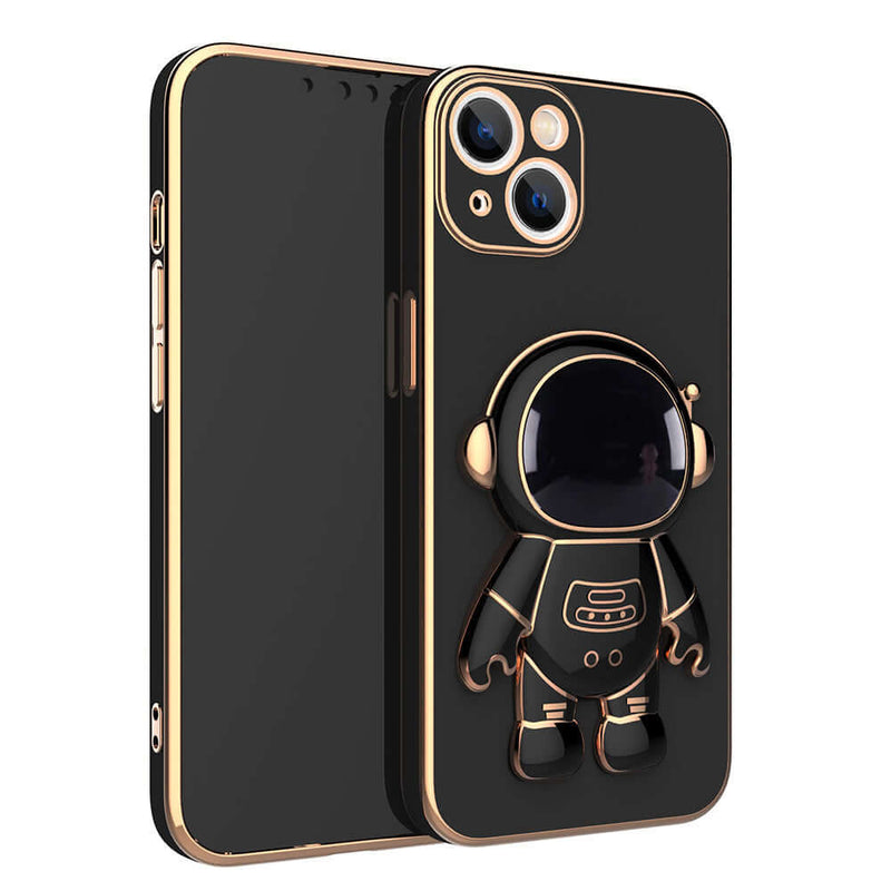 Black phone case with a robot design on a white background
