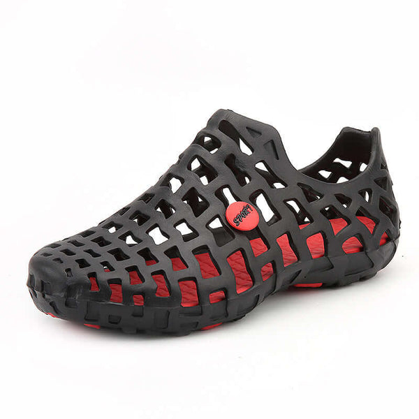Black and red sandal with a visible brand logo on a white background