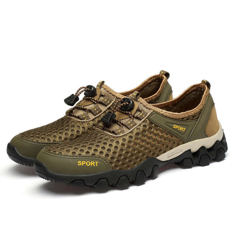 Pair of brown sports shoes with 'SPORT' label on a white background