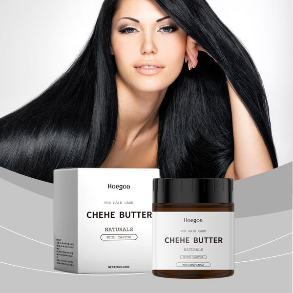 Woman with long black hair next to Hoegaas Chehe Butter product packaging on a gray background