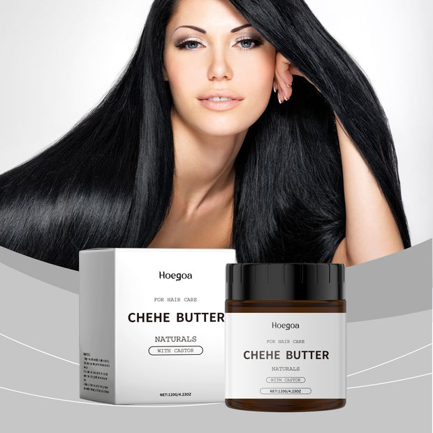 Woman with long black hair next to Hoegaas Chehe Butter product packaging on a gray background