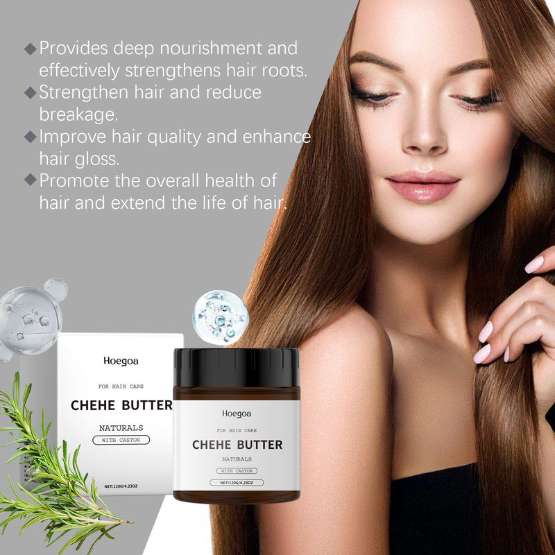 Woman with long hair next to Hoegas Chehe Butter product packaging on a gray background