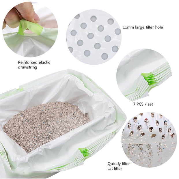 Cat litter bags with filter holes and elastic drawstring on a white background