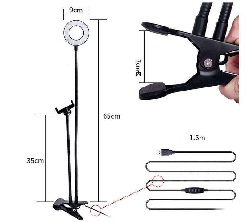 Measurement chart of a stand with lamp and clamps on a white background