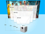Projector with screen size measurements on a blue background