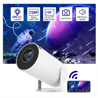 Portable projector showcasing 720p resolution, automatic focus, and wireless streaming capabilities.