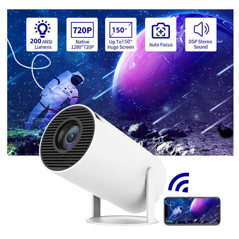 Portable projector showcasing 720p resolution, automatic focus, and wireless streaming capabilities.