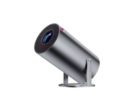 Portable projector design featuring a compact silver body and adjustable stand for home entertainment.