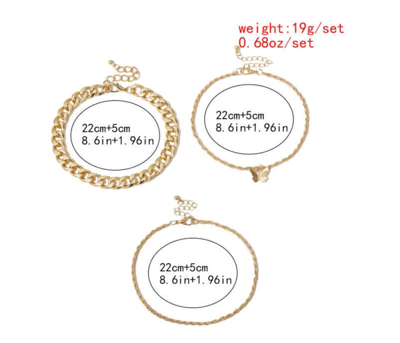 Three gold bracelets with measurements and weight information on a white background