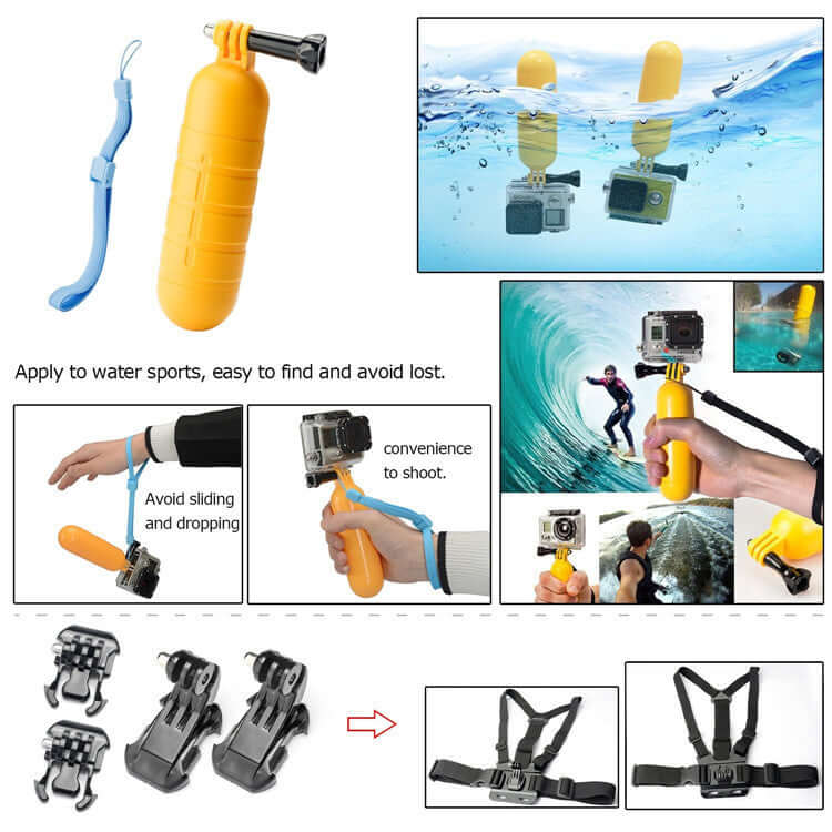 Yellow buoy with blue strap, action camera accessories, and water sports illustrations.