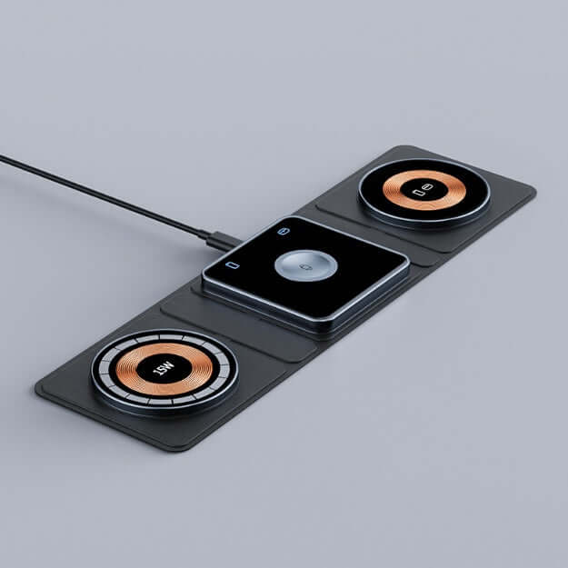 Wireless charging pad with three devices on a gray background